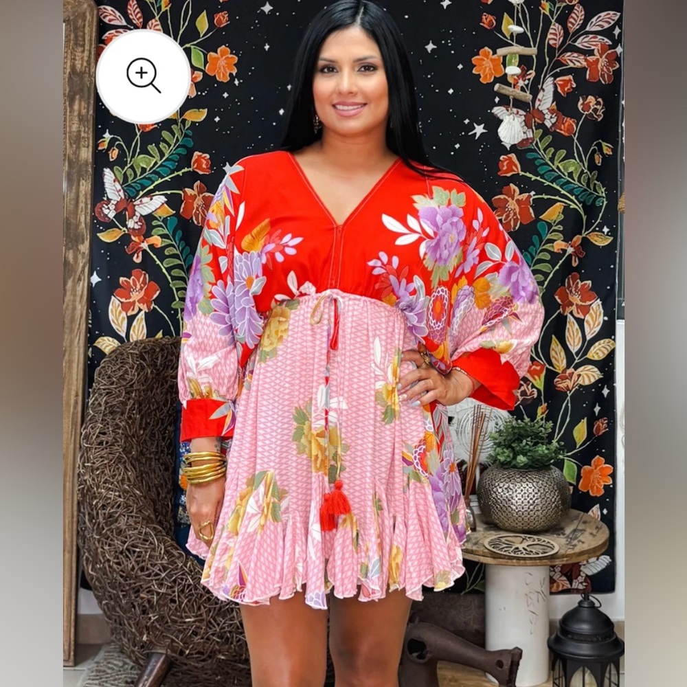 Aakaa Floral Ruffle Hem Mini Dress | Size M | Red + Pink